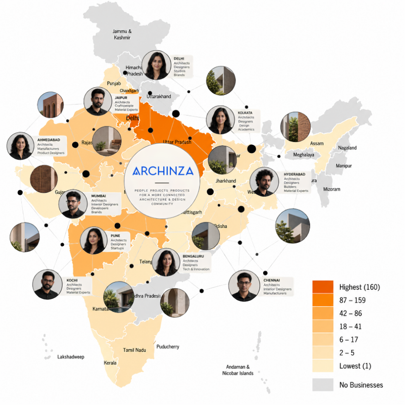 Map of India showing where Archinza's architects, designers and brands are